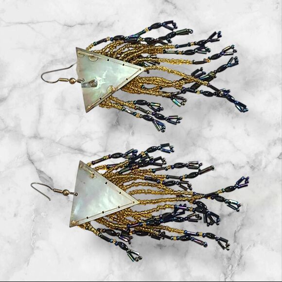 Vintage Big Abalone Shell Glass Seed Bead Chandelier Earrings 4" - Picture 8 of 10